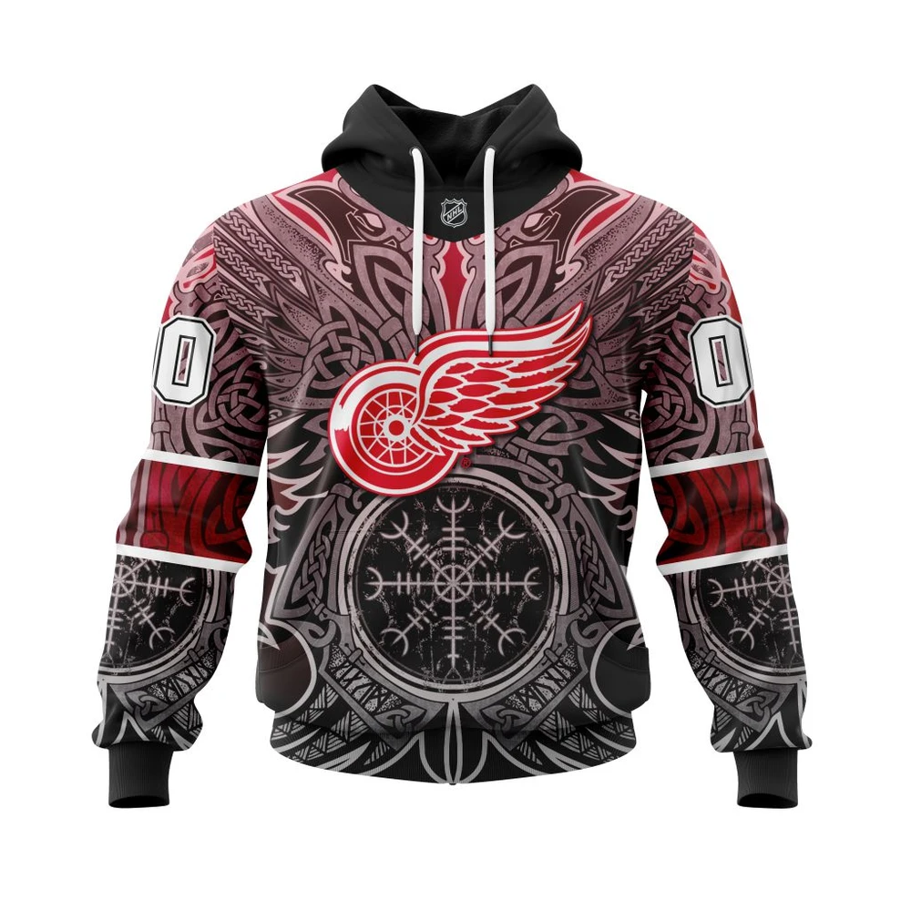 Buildercar - NHL Hoodie Detroit Red Wings Norse Viking Symbols Custom Name and Number Hoodie
