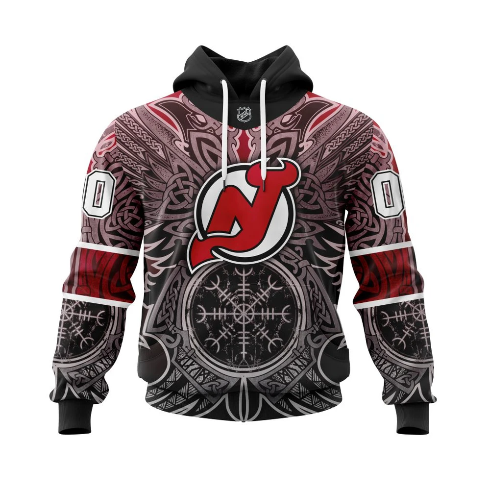 Buildercar - NHL Hoodie New Jersey Devils Norse Viking Symbols Custom Name and Number Hoodie