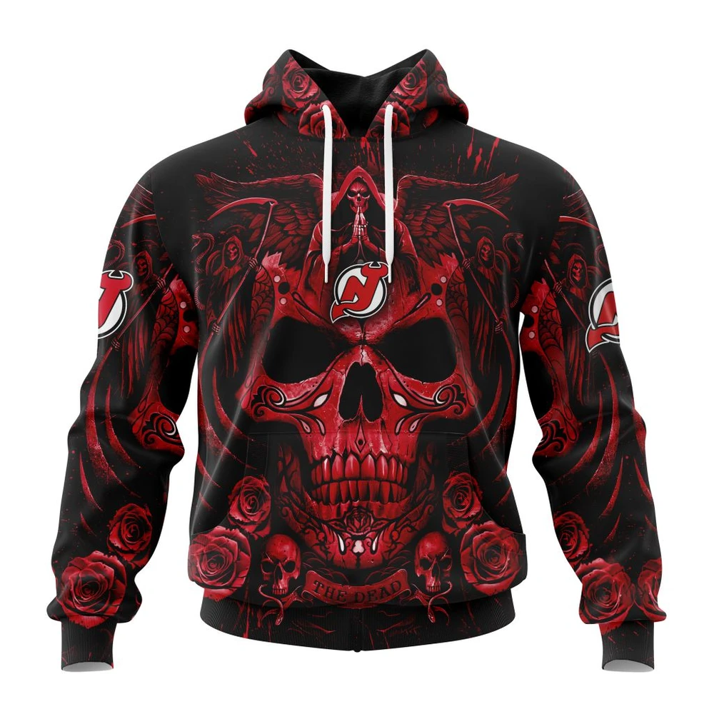 Buildercar - NHL New Jersey Devils Awesome Design With Skull Art Custom Name and Number Hoodie