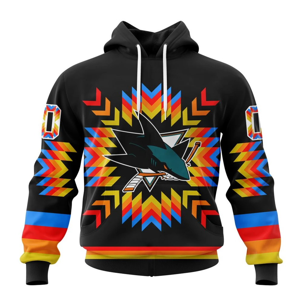 Buildercar - NHL San Jose Sharks Awesome Design With Native Pattern Custom Name and Number Hoodie Style 339