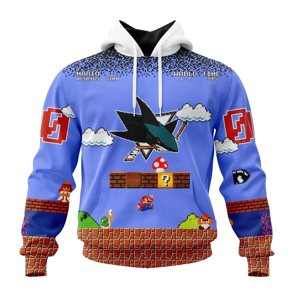 Buildercar - NHL San Jose Sharks Awesome Kits With Super Mario Game Design Custom Name and Number Hoodie