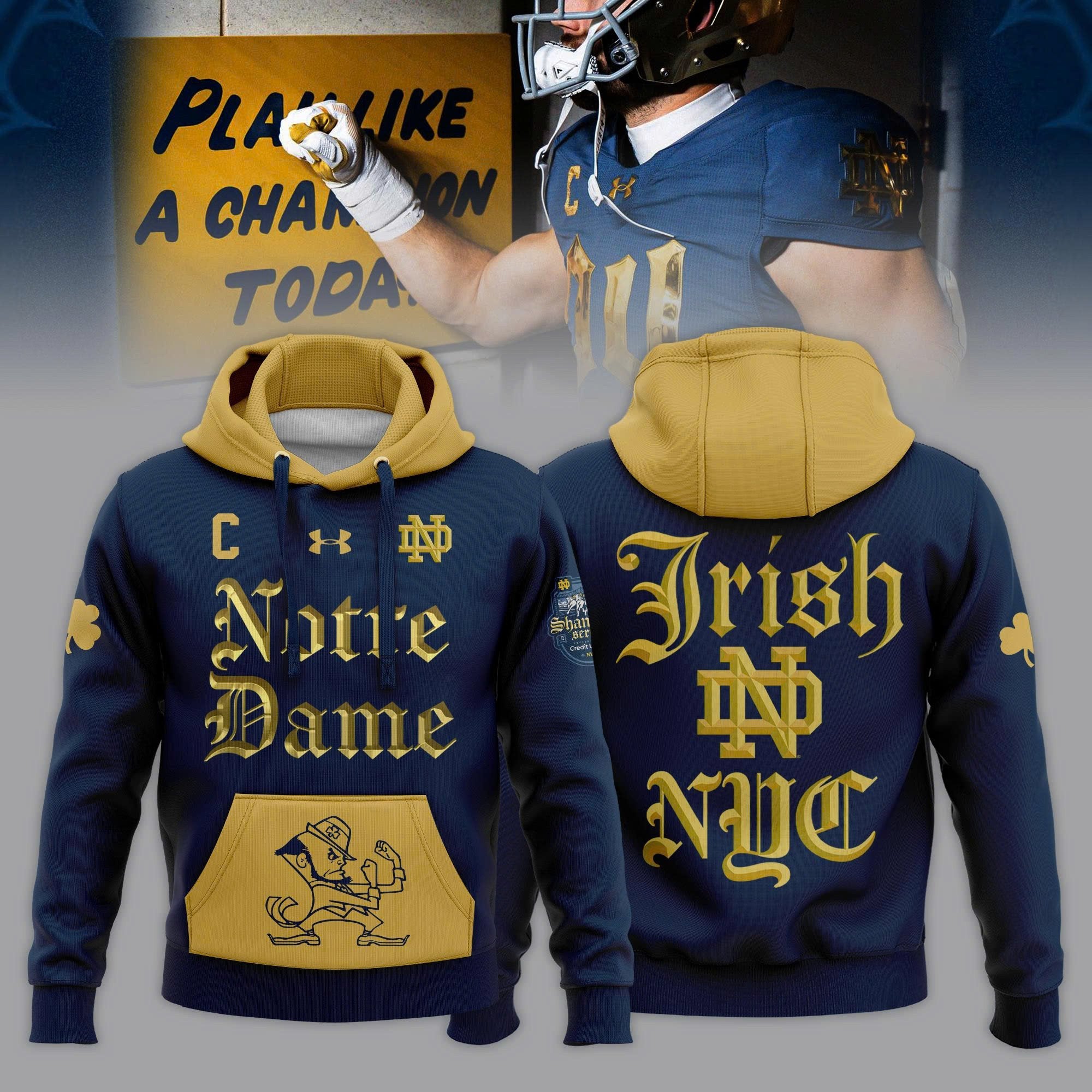 Buildercar - Notre Dame Fighting Irish 2025 Shamrock Series Football Navy Yellow NCAA Hoodie Tracksuit