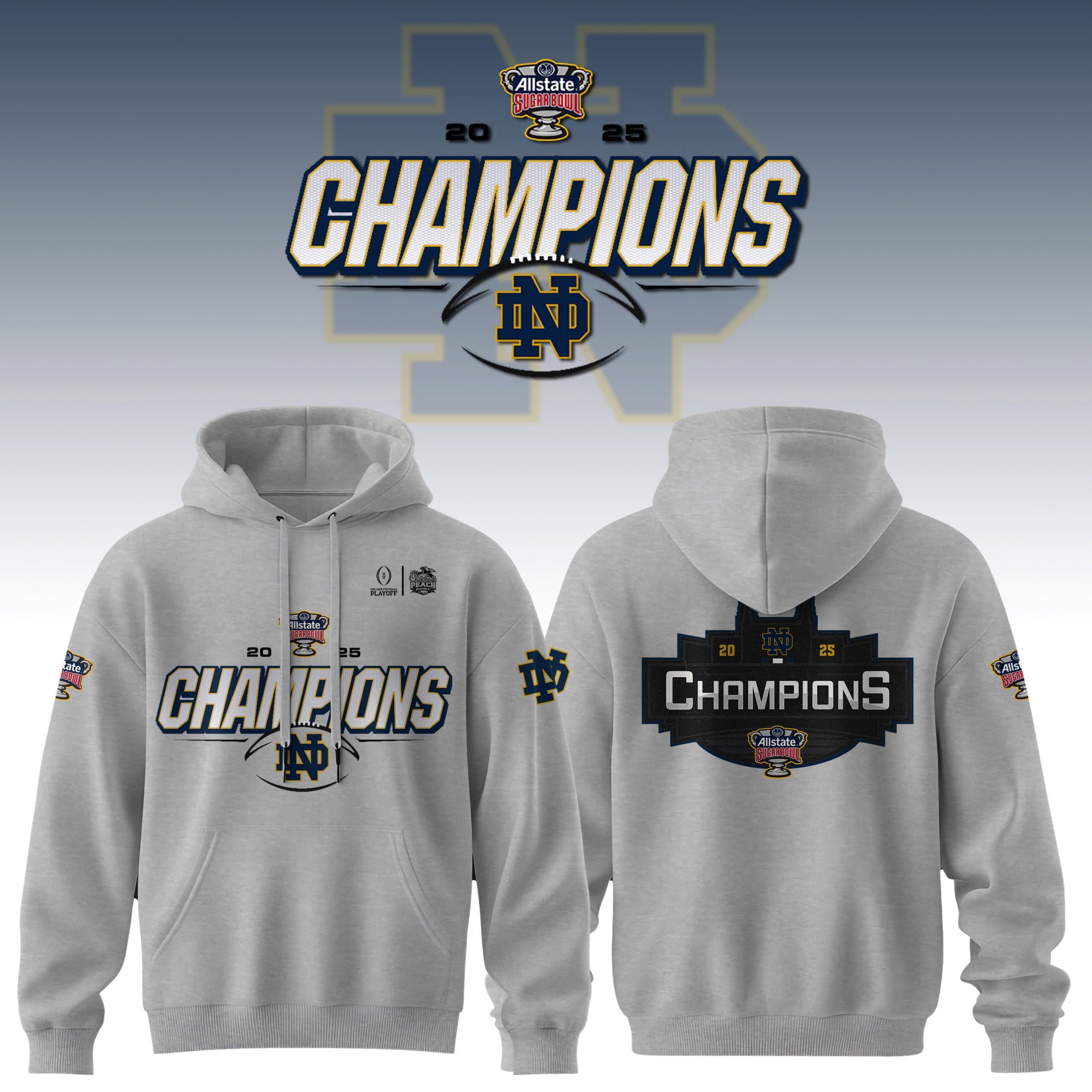Buildercar - Notre Dame Fighting Irish 2025 SUGAR BOWL Champion Grey NCAA Hoodie Tracksuit