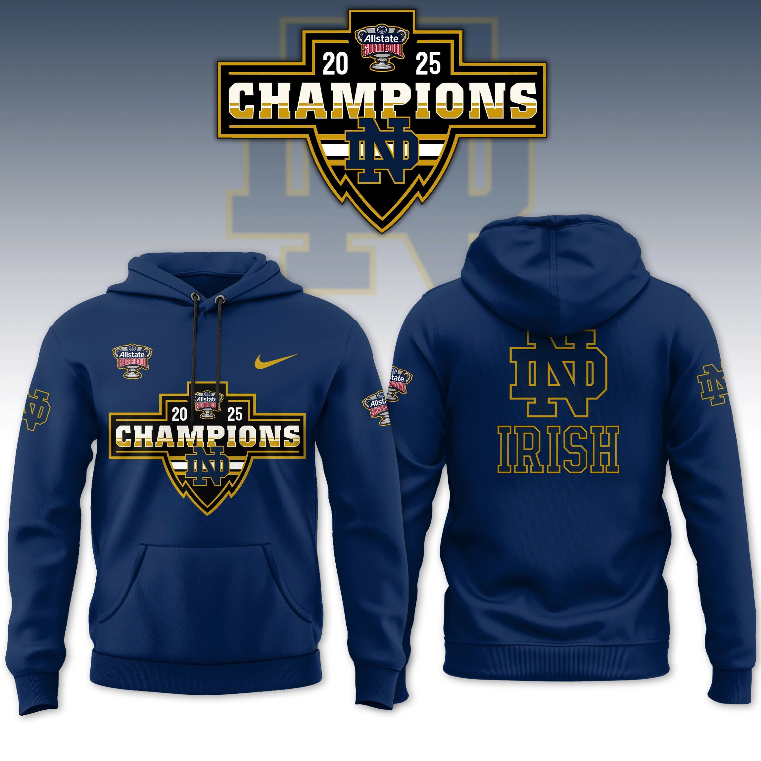 Buildercar - Notre Dame Fighting Irish 2025 SUGAR BOWL Champion Navy NCAA Hoodie Tracksuit