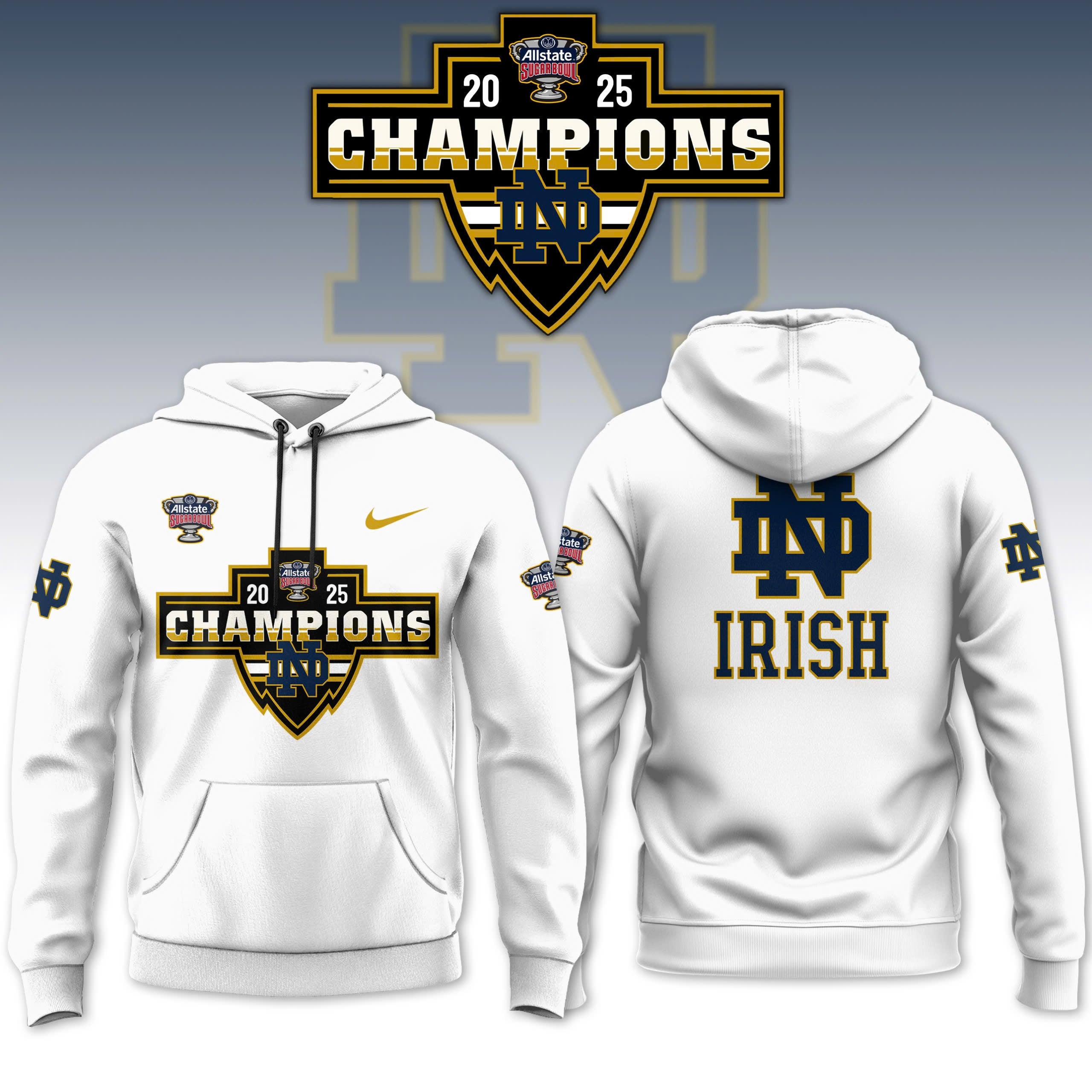 Buildercar - Notre Dame Fighting Irish 2025 SUGAR BOWL Notre Dame Champs White NCAA Hoodie Tracksuit