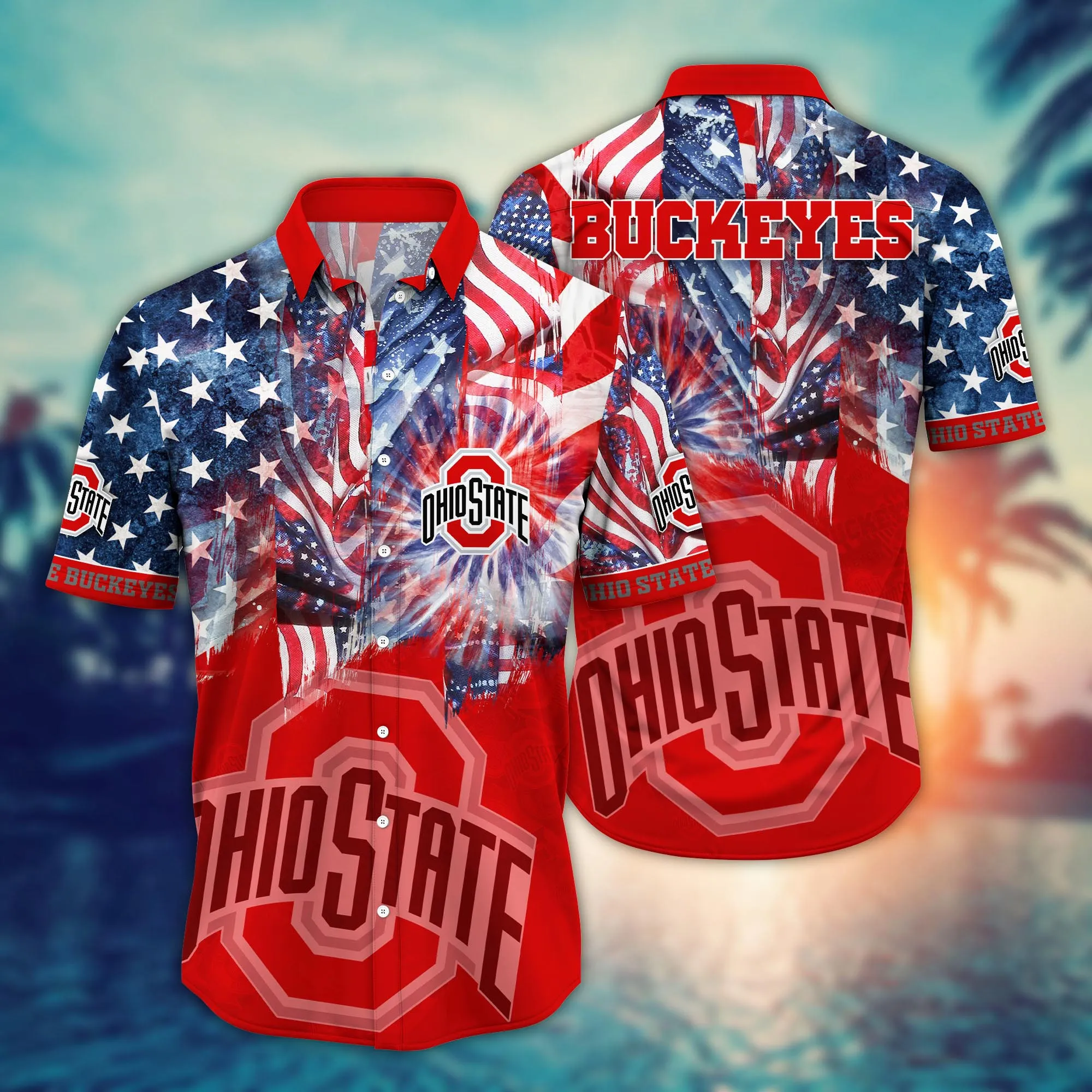 Buildercar - Ohio State Buckeyes 4th Of July America Flag Pattern Hawaiian Shirt