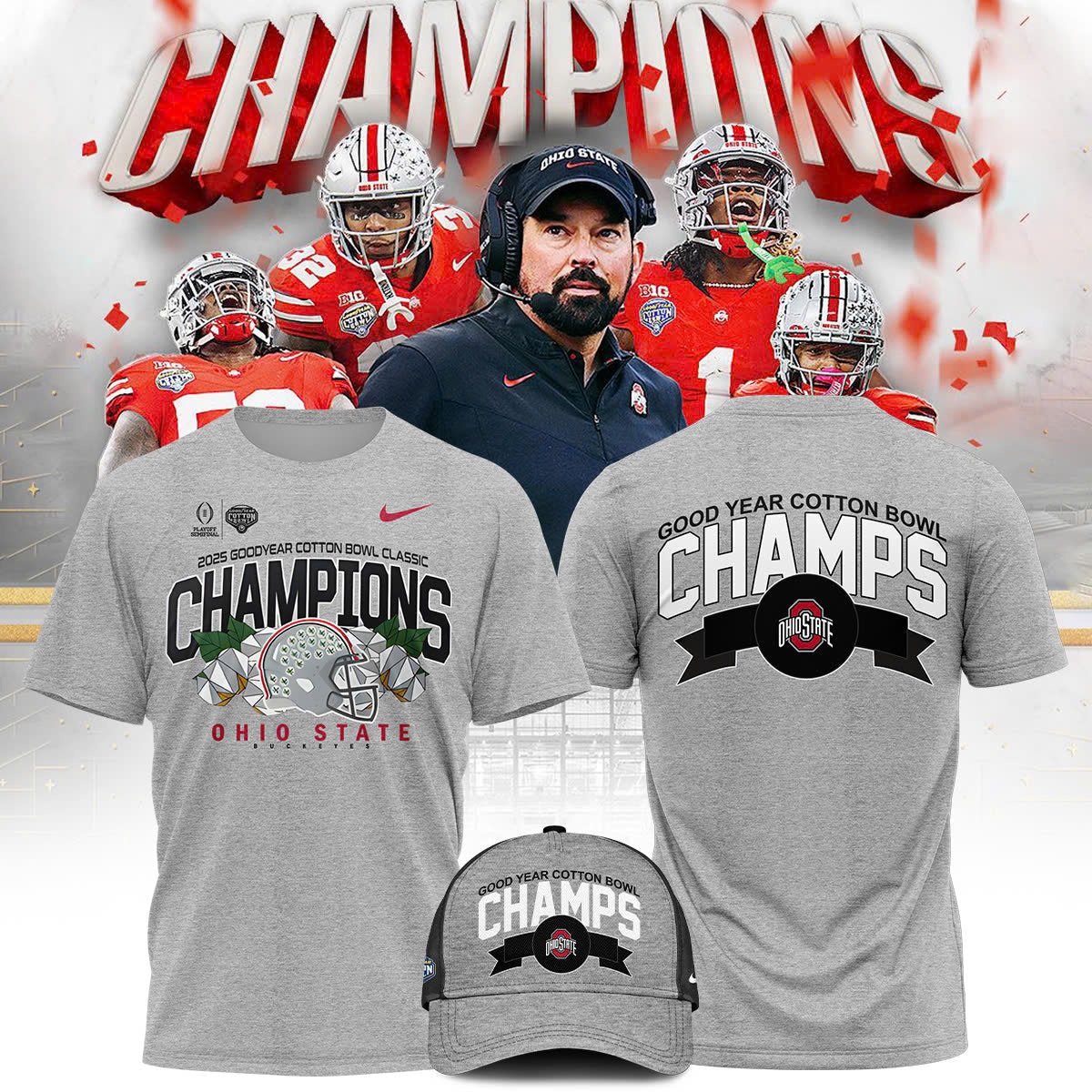 Buildercar - Ohio State Buckeyes Cotton Bowl Champions Grey 2 T-Shirt Hoodie Suit