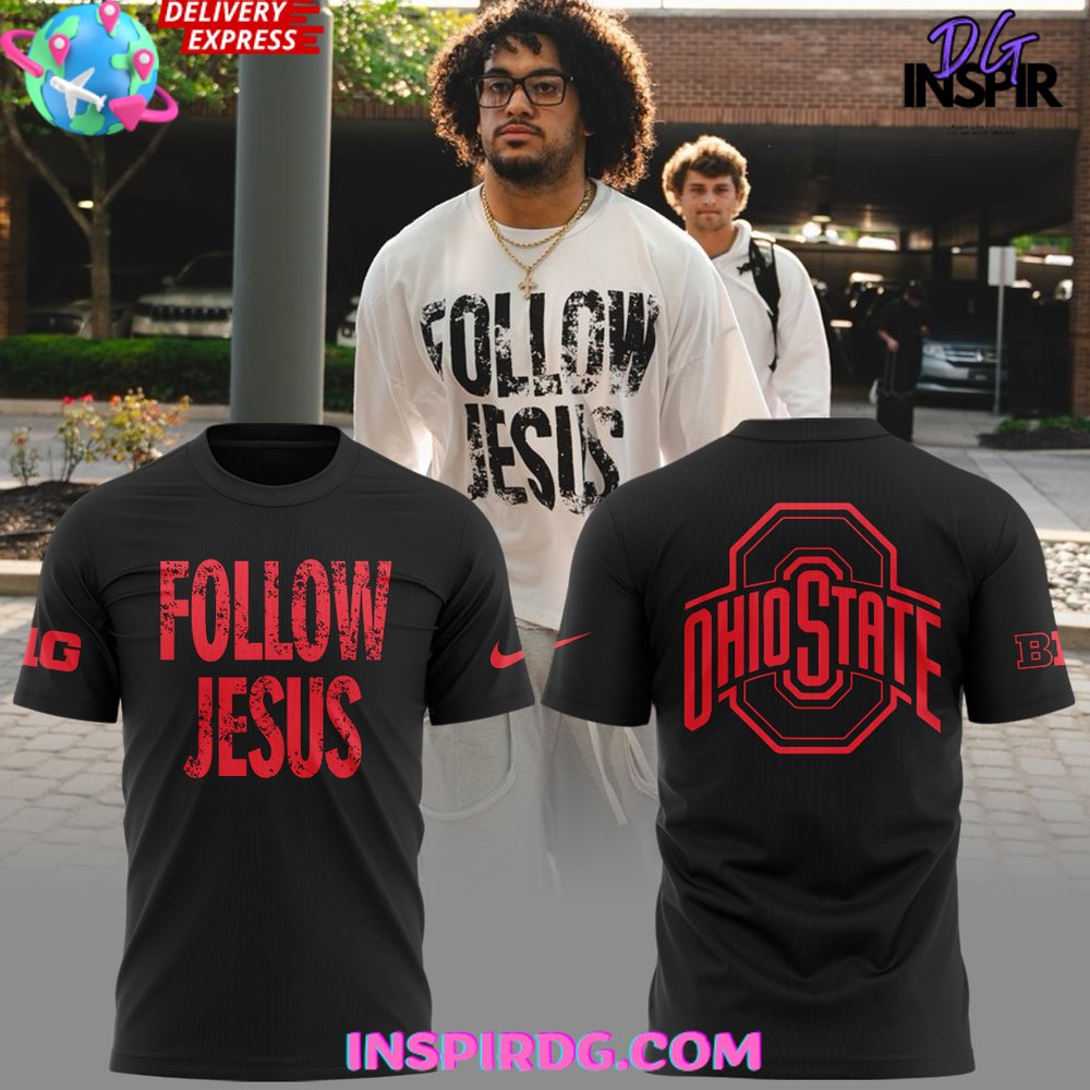 Buildercar - Ohio State Buckeyes Follow Jesus 2025 Black NHL T-shirt