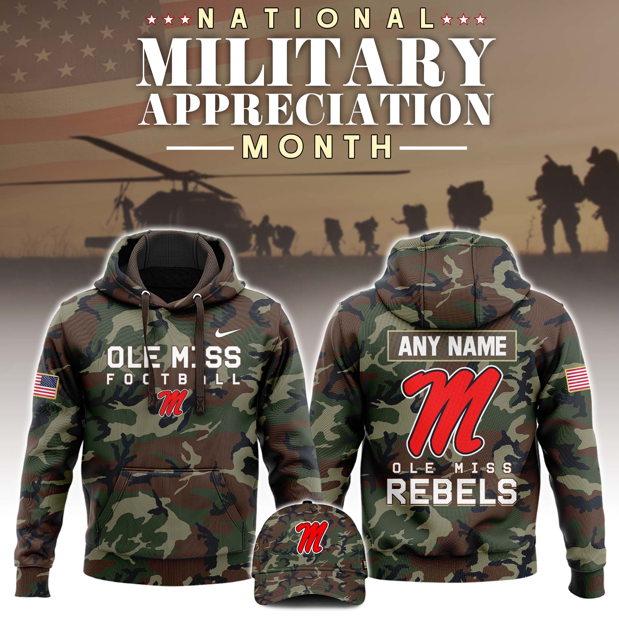 Buildercar - Ole Miss Rebels Football 2025 Military Appreciation Custom Name NCAA Hoodie Tracksuit