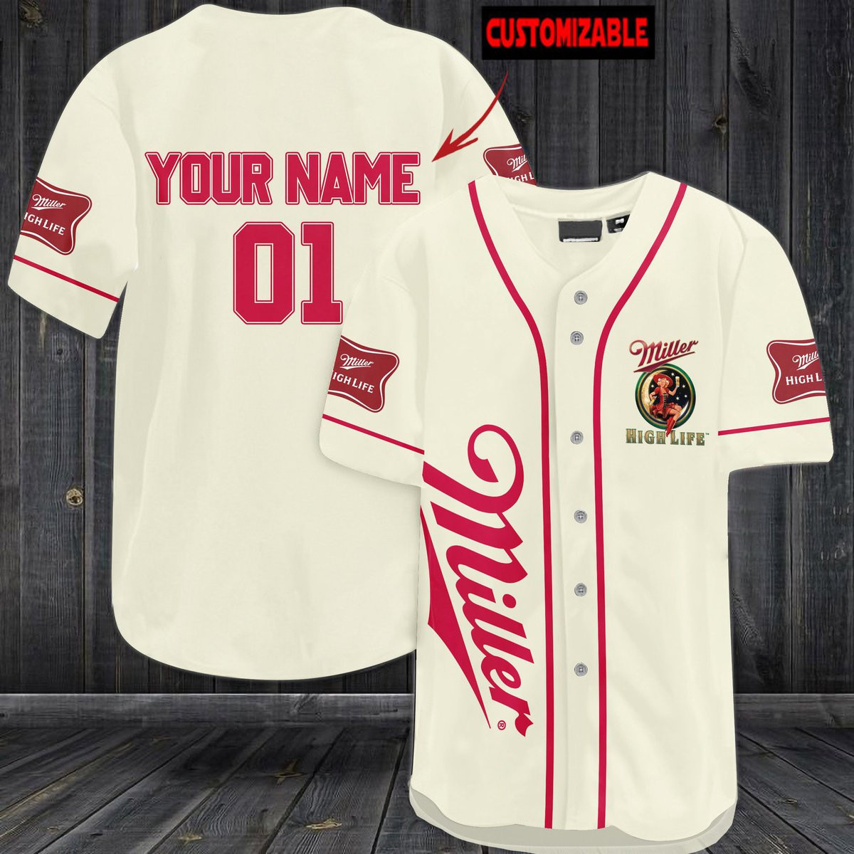 Buildercar - Personalized Beige Miller High Life Baseball Jersey