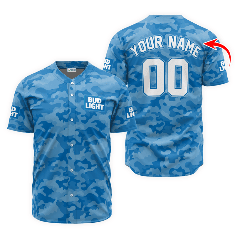 Buildercar - Personalized Bud Light Blue Camouflage Baseball Jersey
