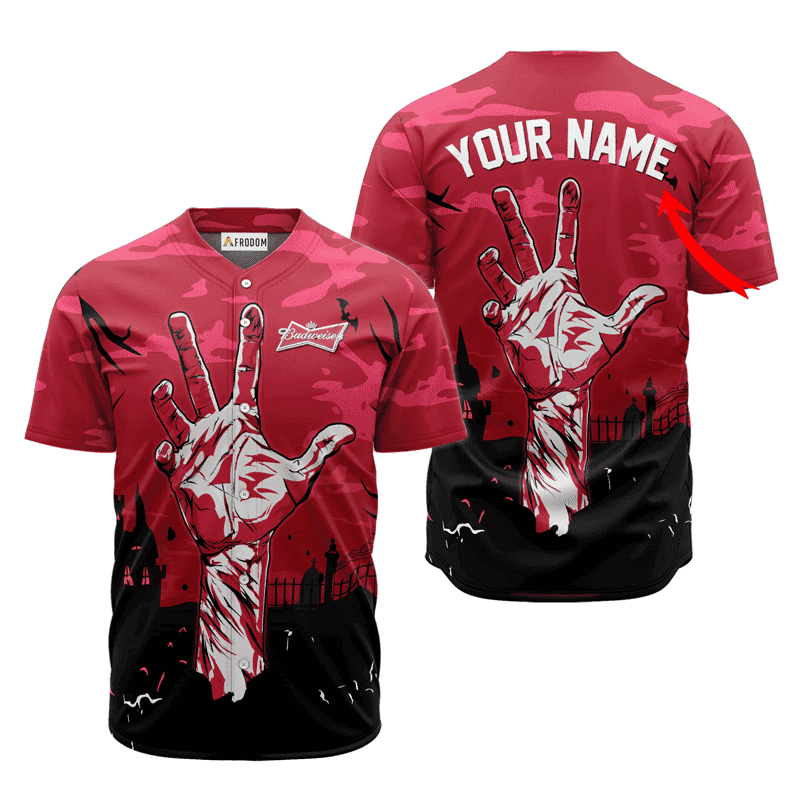 Buildercar - Personalized Budweiser Beer Halloween Zombie's Hand Baseball Jersey