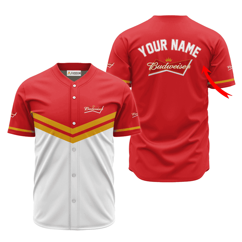 Buildercar - Personalized Budweiser Beer Red And White Baseball Jersey