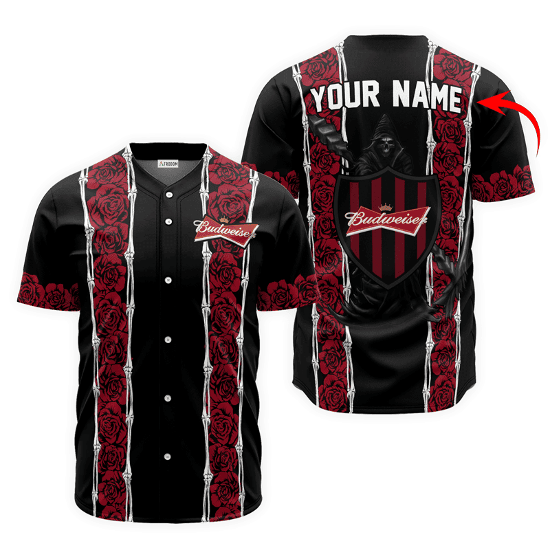 Buildercar - Personalized Budweiser Beer Red Skeleton Rose Baseball Jersey