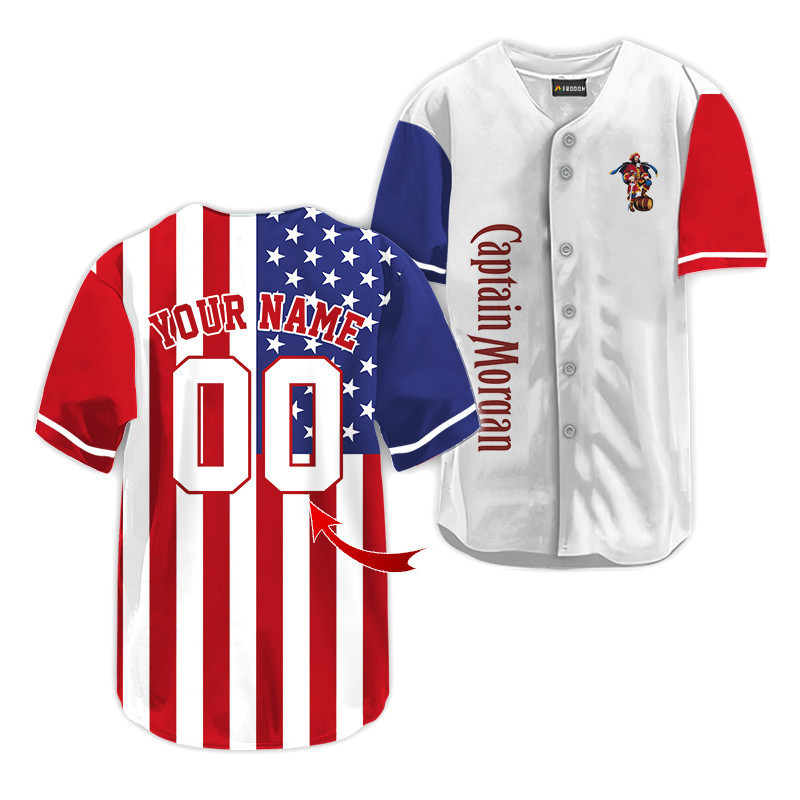 Buildercar - Personalized Captain Morgan USA Flag Fourth Of July Baseball Jersey