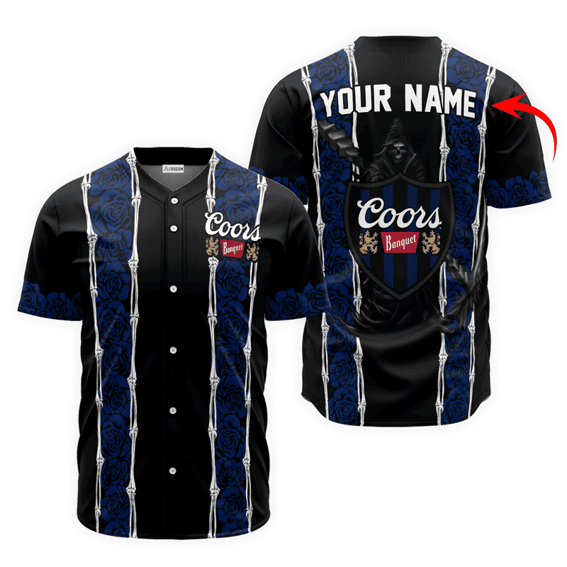 Buildercar - Personalized Coors Banquet Blue Skeleton Rose Baseball Jersey