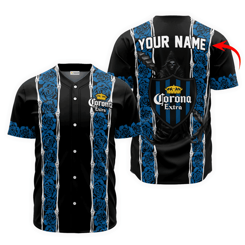 Buildercar - Personalized Corona Extra Blue Skeleton Rose Baseball Jersey