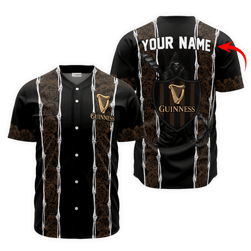 Buildercar - Personalized Guinness Beer Brown Skeleton Rose Baseball Jersey