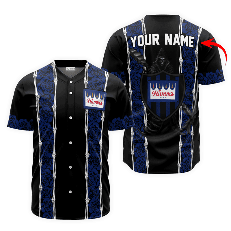 Buildercar - Personalized Hamm's Beer Blue Skeleton Rose Baseball Jersey