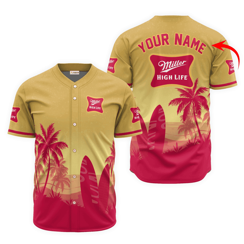 Buildercar - Personalized Miller High Life Palm Tree Surfboard Baseball Jersey