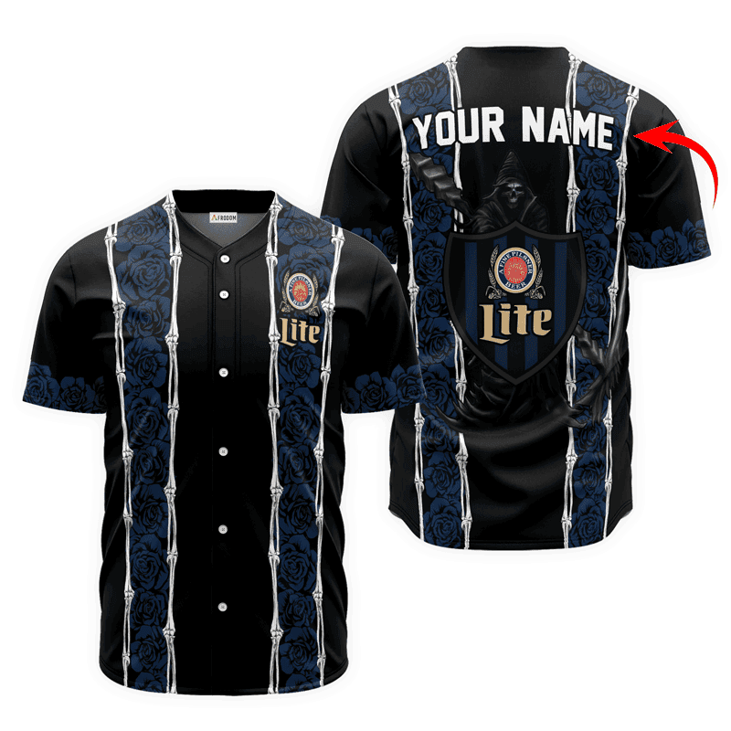 Buildercar - Personalized Miller Lite Blue Skeleton Rose Baseball Jersey