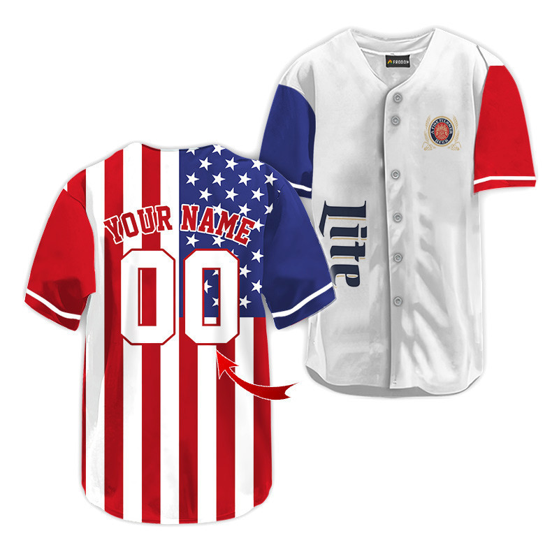 Buildercar - Personalized Miller Lite USA Flag Fourth Of July Baseball Jersey