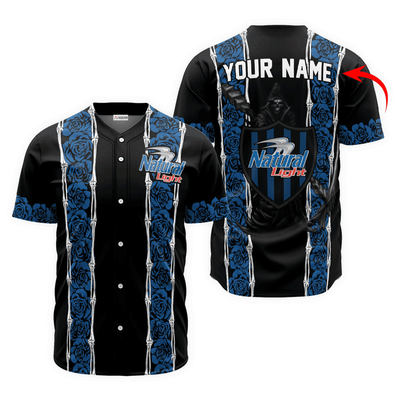 Buildercar - Personalized Natural Light Blue Skeleton Rose Baseball Jersey