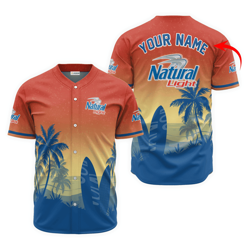 Buildercar - Personalized Natural Light Palm Tree Surfboard Baseball Jersey