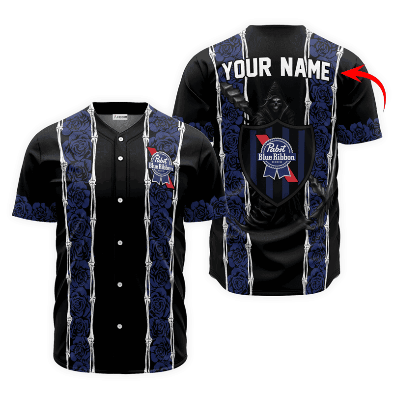 Buildercar - Personalized Pabst Blue Ribbon Skeleton Rose Baseball Jersey