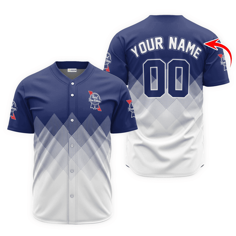 Buildercar - Personalized Pabst Blue Ribbon White And Blue Halftone Baseball Jersey