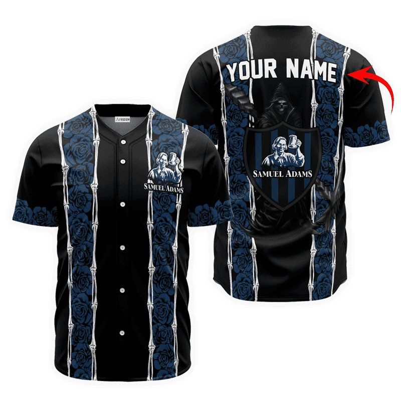 Buildercar - Personalized Samuel Adams Blue Skeleton Rose Baseball Jersey