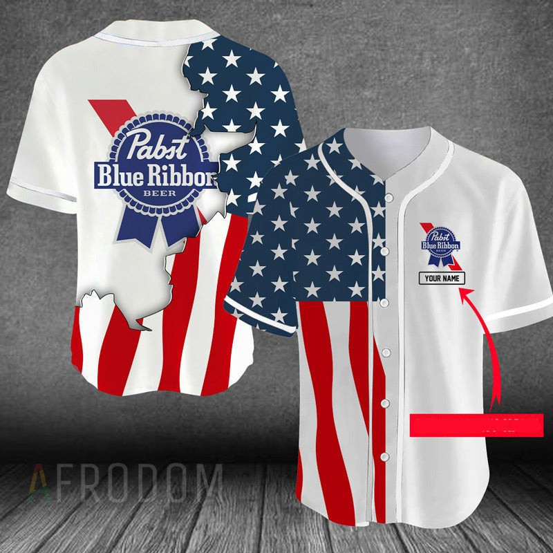 Buildercar - Personalized US Flag Pabst Blue Ribbon Baseball Jersey