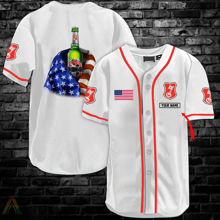 Buildercar - Personalized Vintage White USA Flag Beck's Baseball Jersey