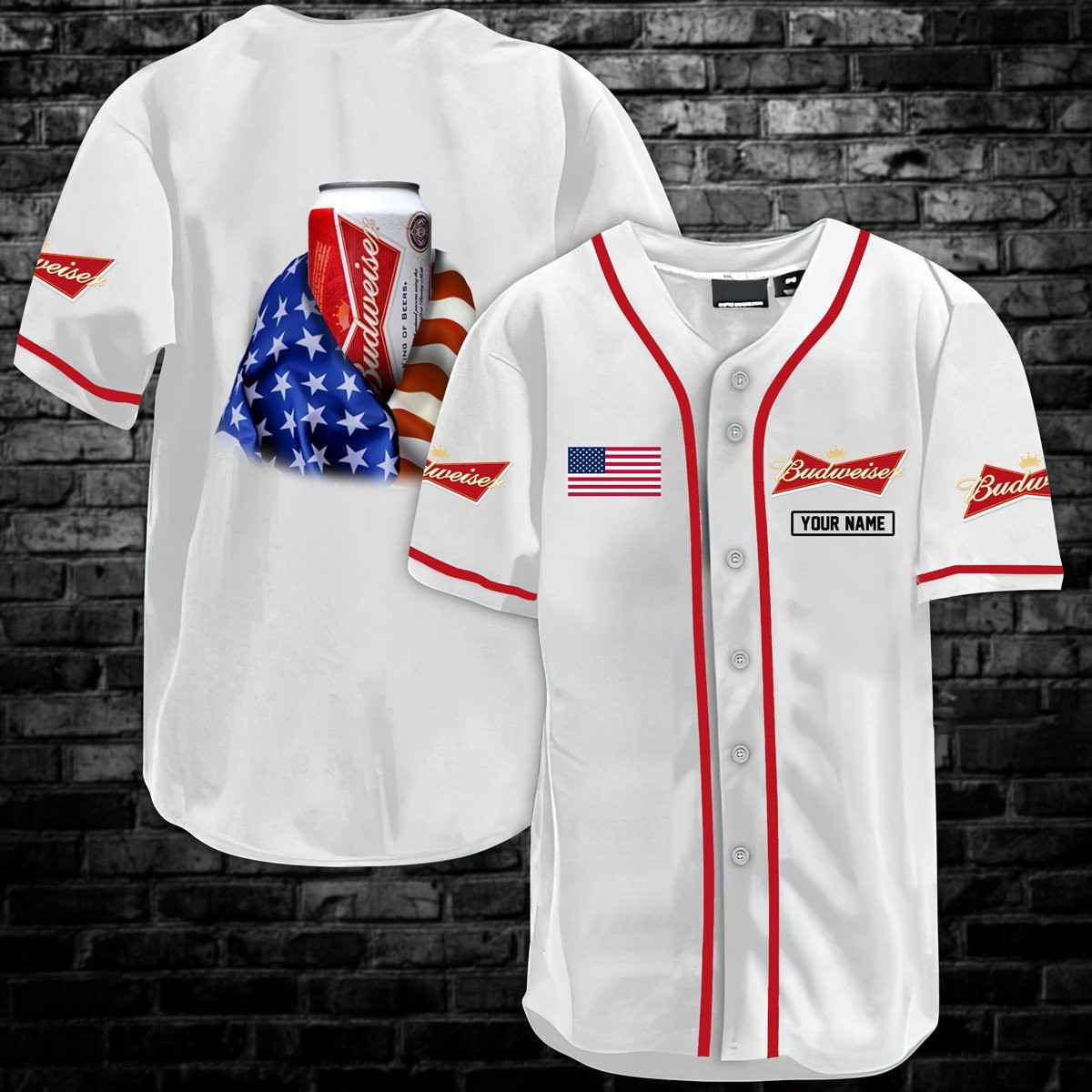 Buildercar - Personalized Vintage White USA Flag Budweiser Baseball Jersey