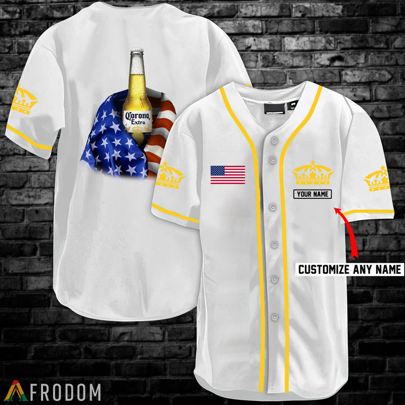 Buildercar - Personalized Vintage White USA Flag Corona Extra Baseball Jersey