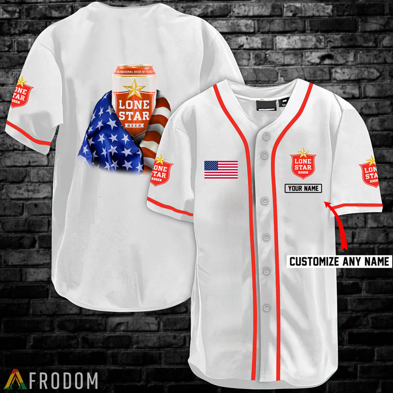 Buildercar - Personalized Vintage White USA Flag Lone Star Beer Baseball Jersey