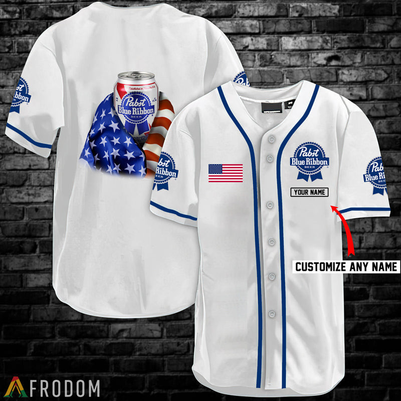 Buildercar - Personalized Vintage White USA Flag Pabst Blue Ribbon Baseball Jersey