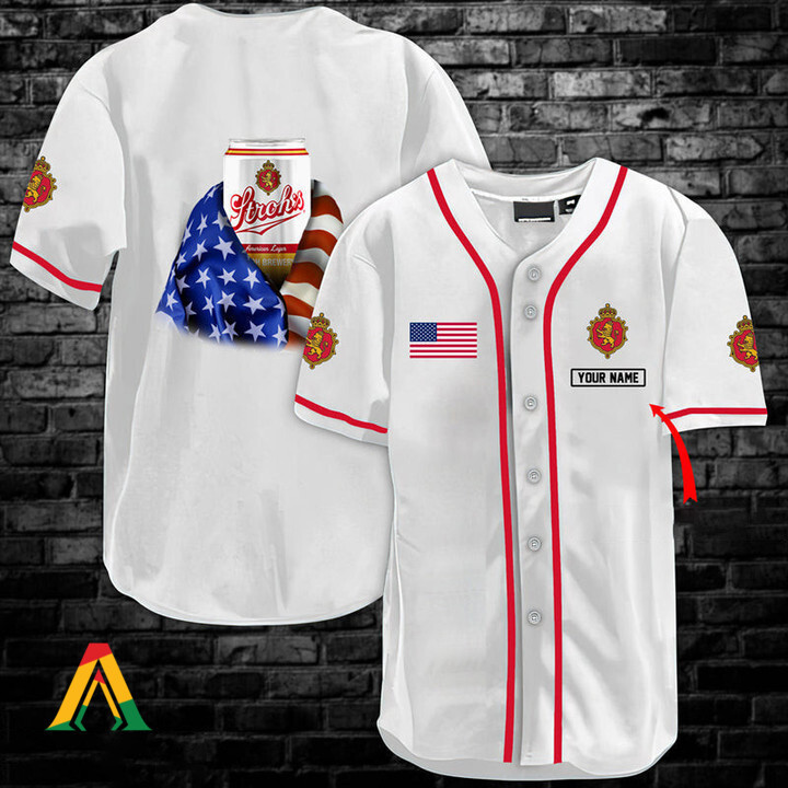 Buildercar - Personalized Vintage White USA Flag Stroh's Beer Baseball Jersey