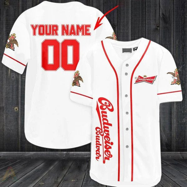 Buildercar - Personalized White Budweiser Beer Baseball Jersey