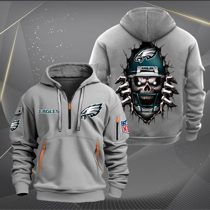 Buildercar - Philadelphia Eagles Football Player Skull Quarter Zip Hoodie