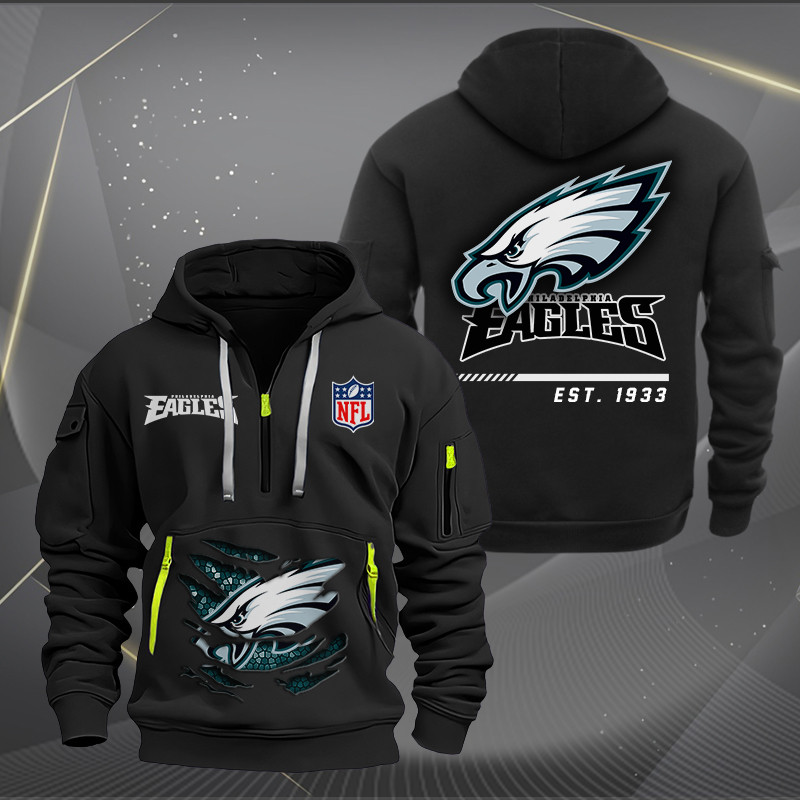 Buildercar - Philadelphia Eagles Monster Scratch 2 Logo NFL Quarter Zip Hoodie