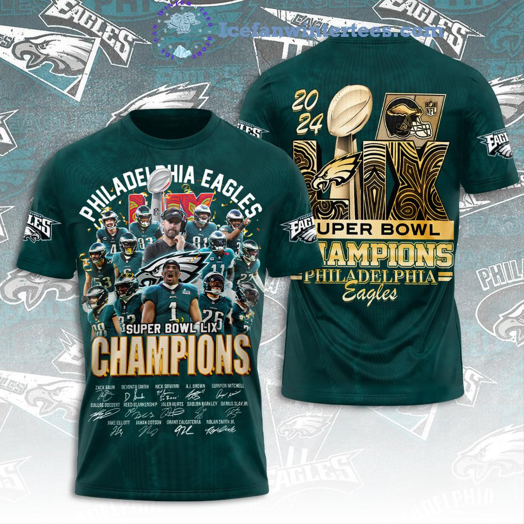 Buildercar - Philadelphia Eagles Super Bowl LIX Champions Signatures Good All Over Printed T-Shirt