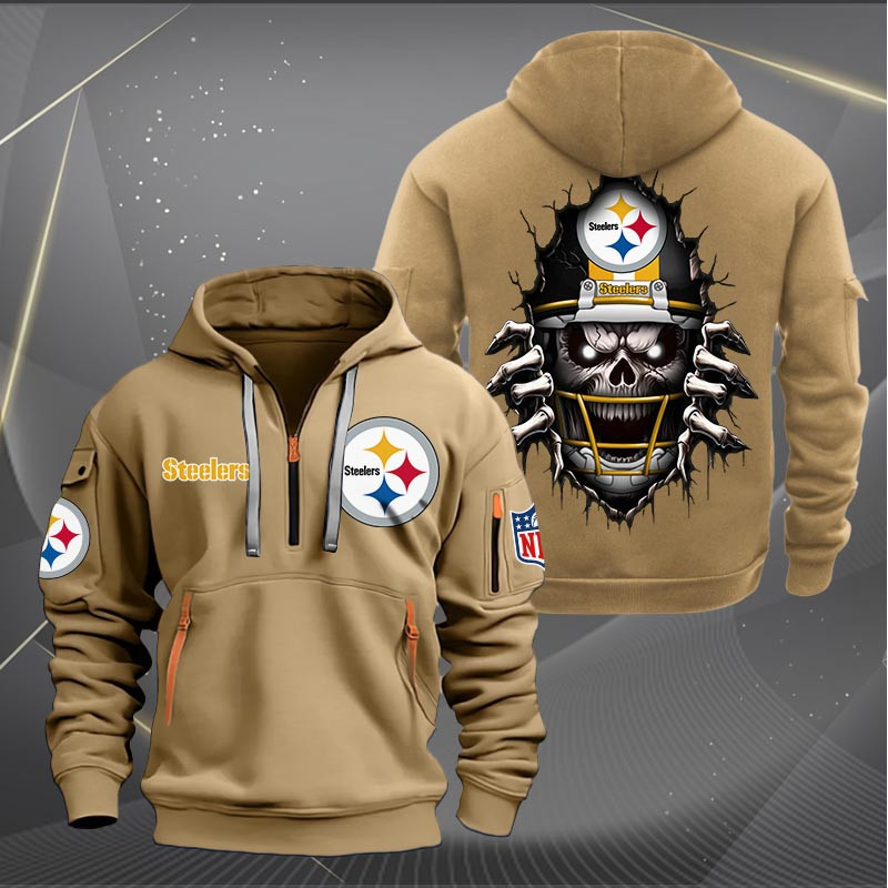 Buildercar - Pittsburgh Steelers Football Player Skull Quarter Zip Hoodie