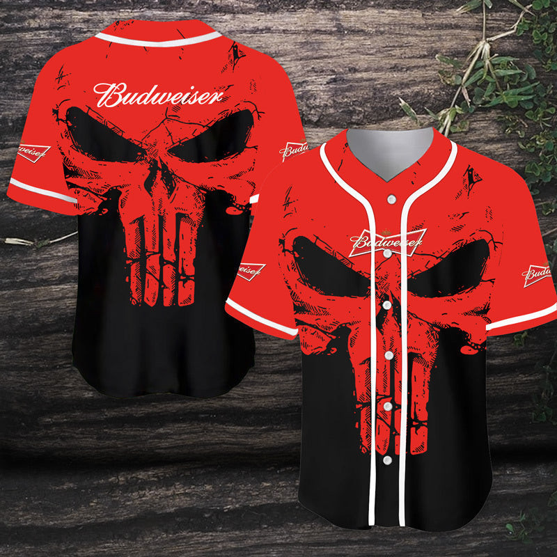 Buildercar - Retro Skull Budweiser Beer Baseball Jersey