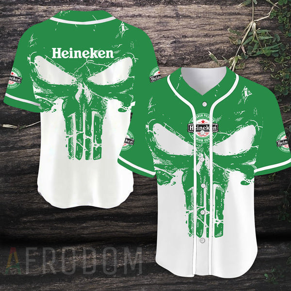 Buildercar - Retro White Skull Heineken Beer Baseball Jersey