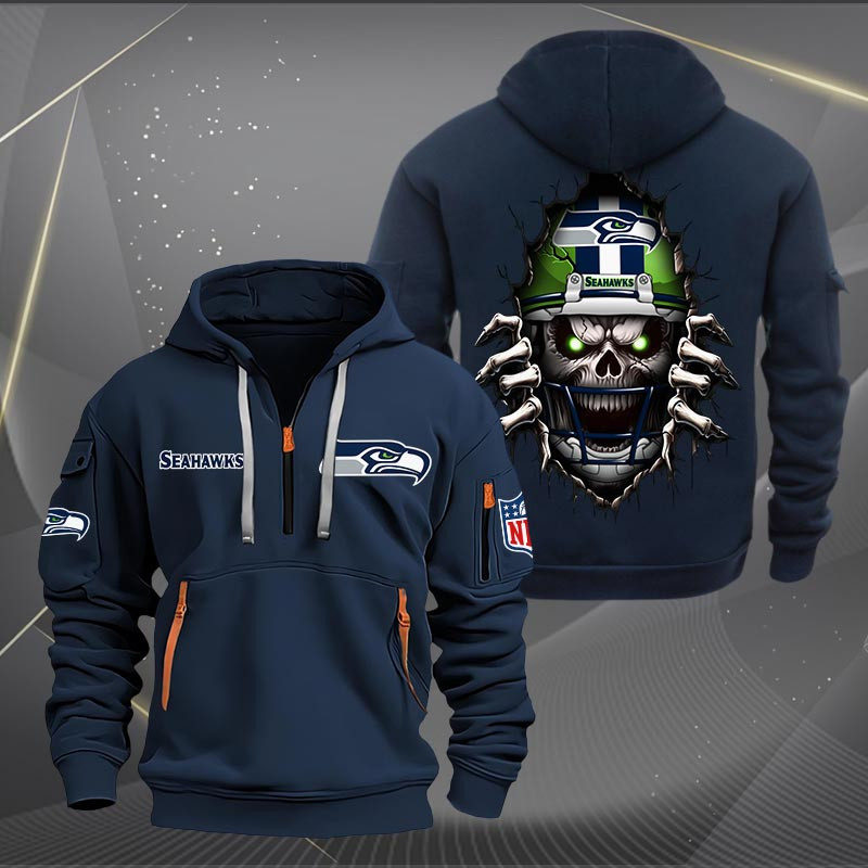 Buildercar - Seattle Seahawks Football Player Skull Quarter Zip Hoodie