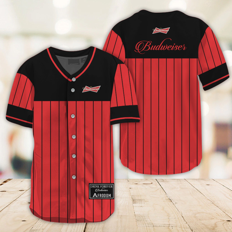Buildercar - Sleek Black Vertical Striped Budweiser Beer Baseball Jersey
