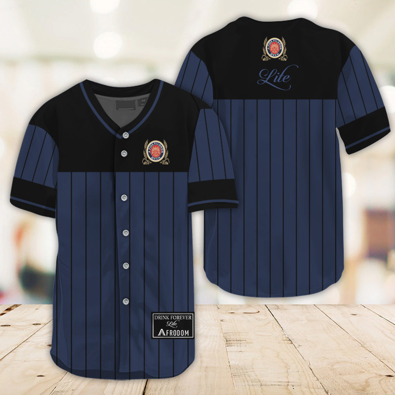 Buildercar - Sleek Black Vertical Striped Miller Lite Baseball Jersey