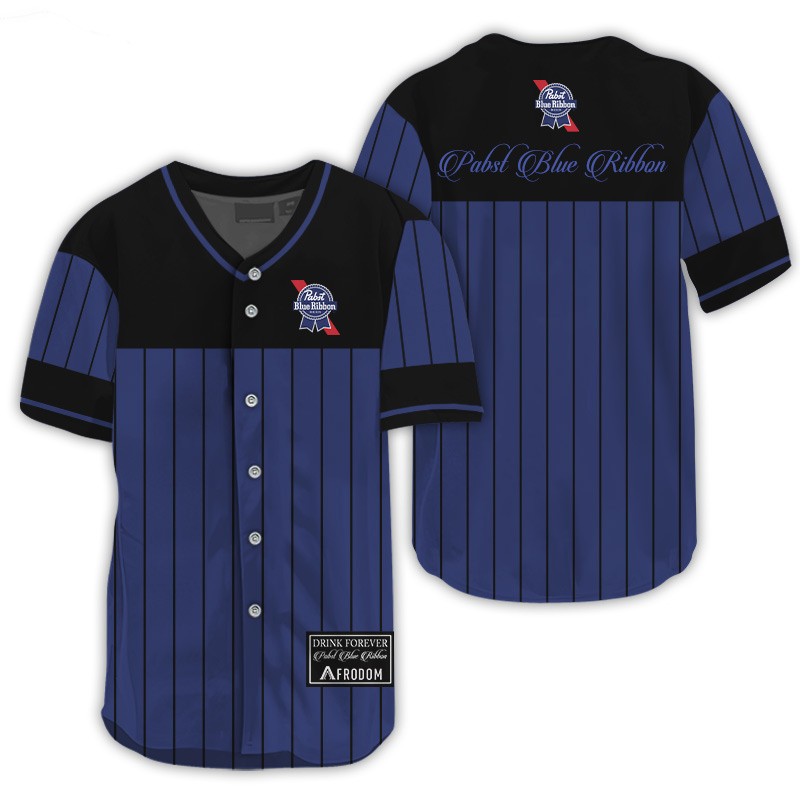 Buildercar - Sleek Black Vertical Striped Pabst Blue Ribbon Baseball Jersey