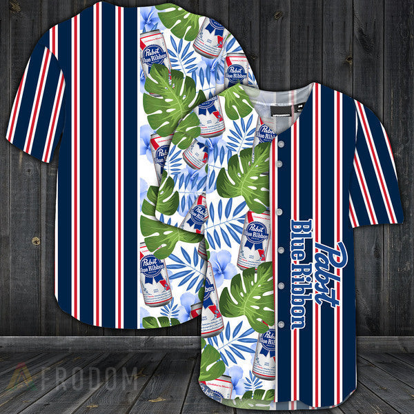Buildercar - Striped Tropical Hawaii Pabst Blue Ribbon Baseball Jersey